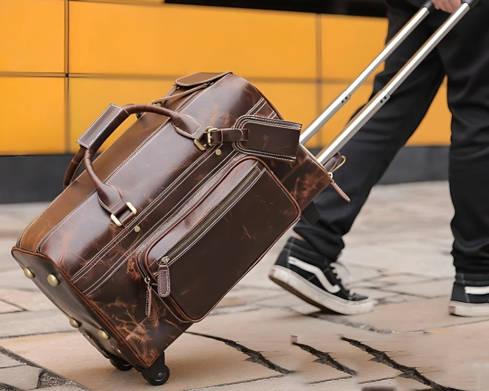 leather carry on duffel bag with wheels