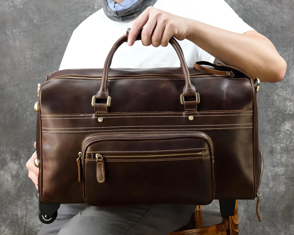 leather carry on duffel bag with wheels
